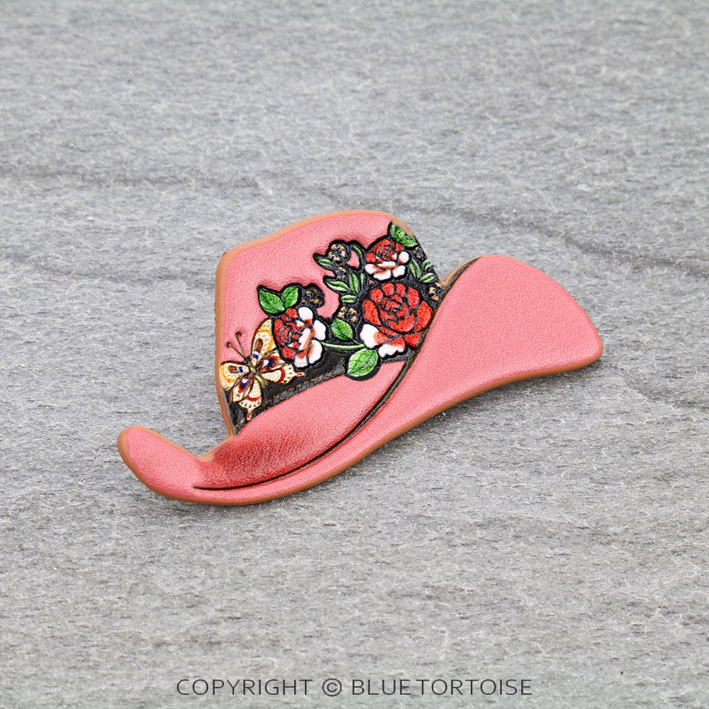 Western Rose Tooled Leather Cowboy Hat Brooch Pin