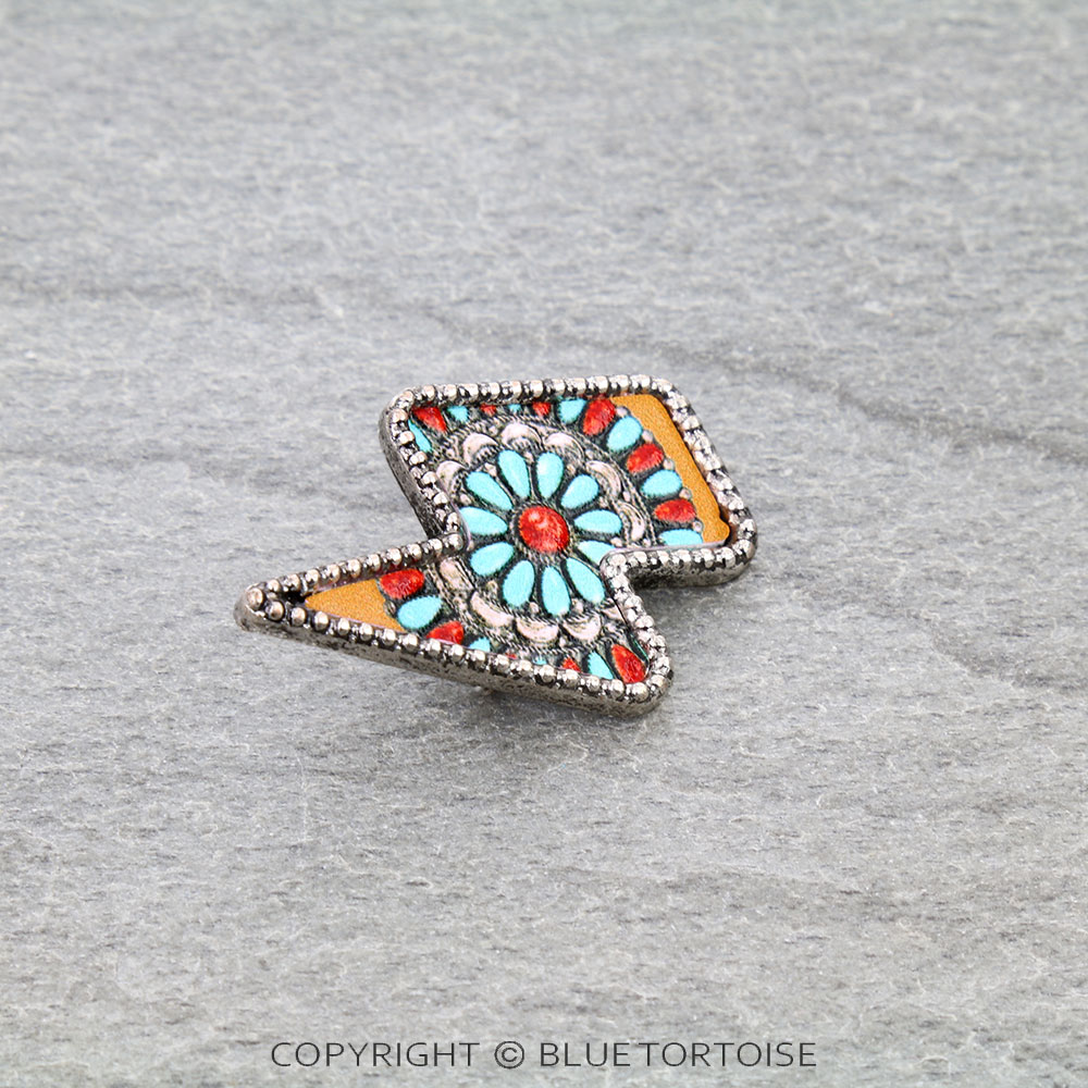 Western Concho Tooled Leather Thunder Brooch Pin