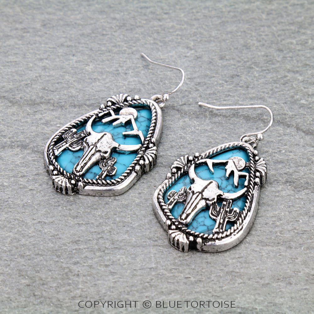 Western Steer Skull Cutout Teardrop Dangle Earrings