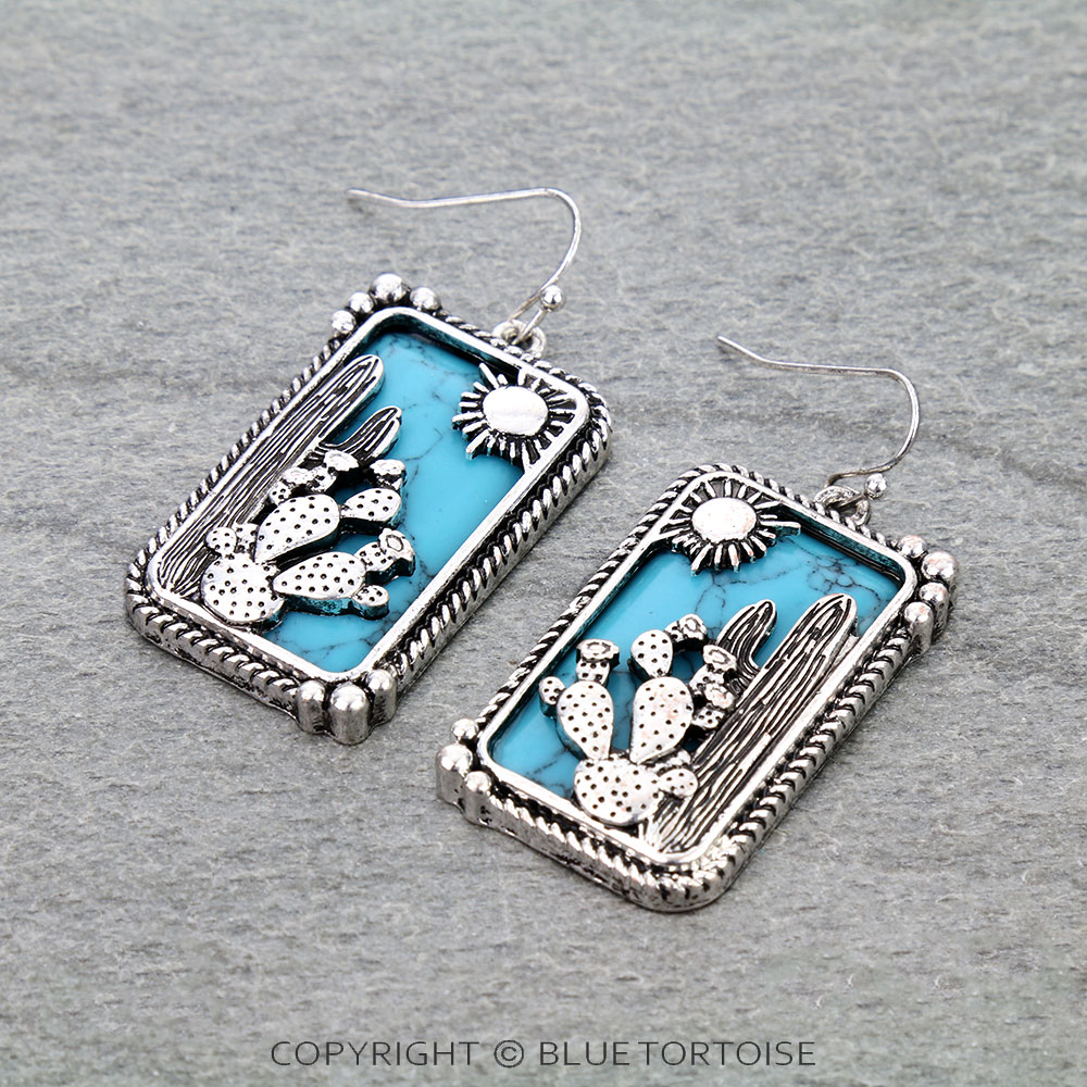 Western Cactus Cutout Rectangle Dangle Earrings