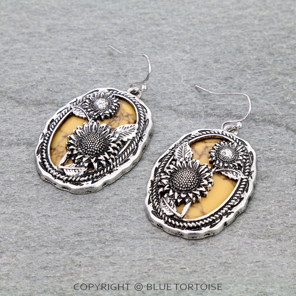 Western Sunflower Cutout Oval Dangle Earrings