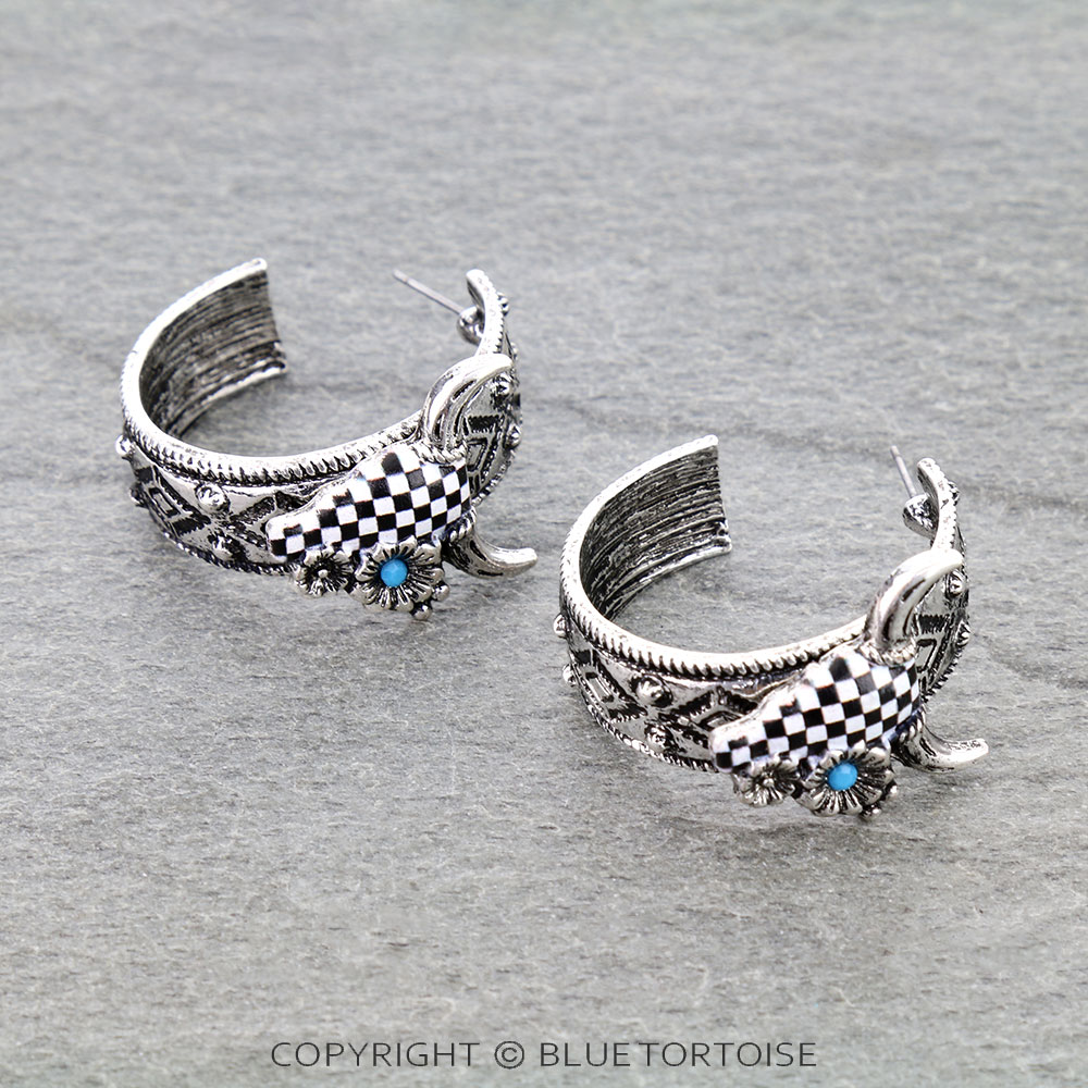 Western Checker Print Steer Skull Hoop Earrings