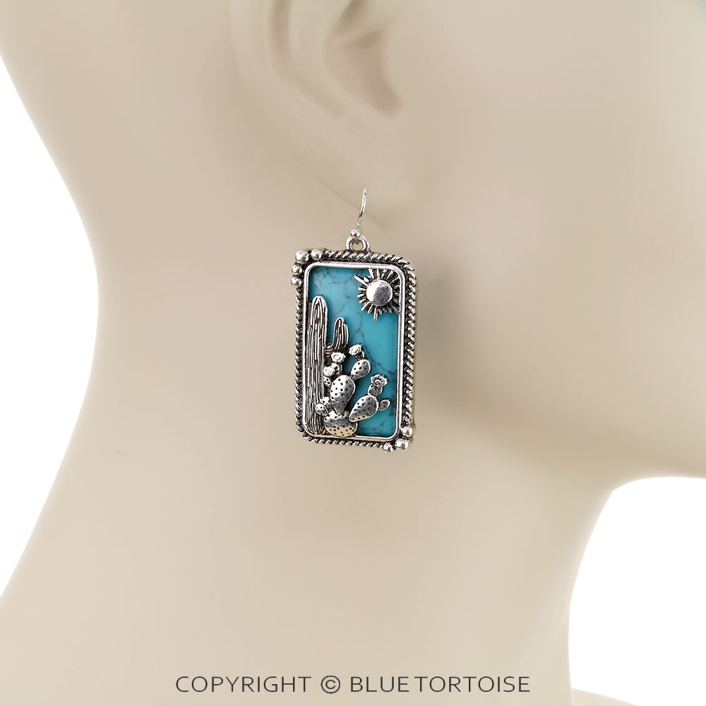 Western Cactus Cutout Rectangle Dangle Earrings - Image 2