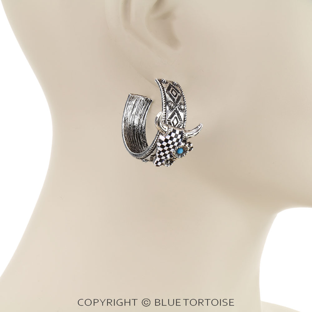 Western Checker Print Steer Skull Hoop Earrings - Image 2