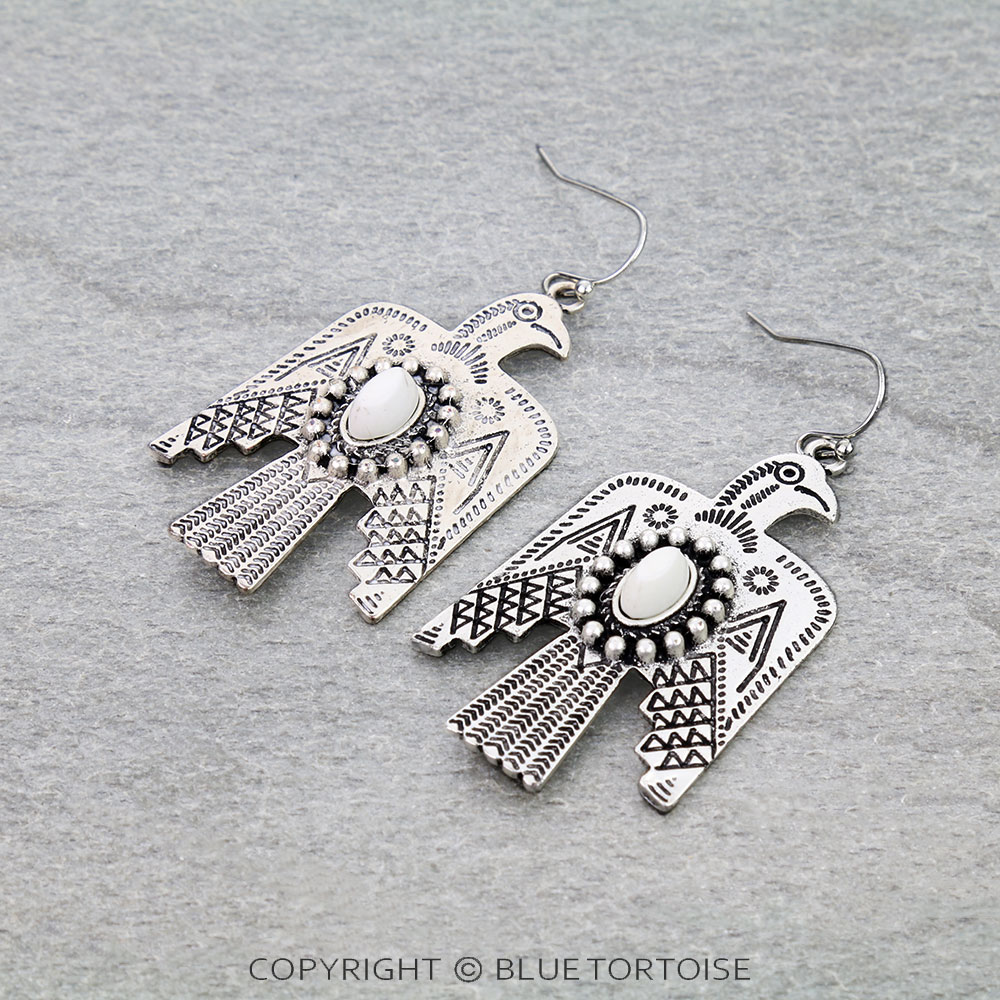 1.8" Long, Thunderbird White Natural Stone Earrings