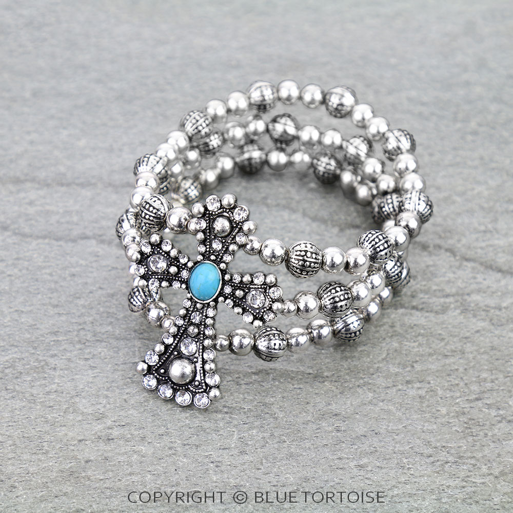 Western Cross Rhinestone Stretch Bracelet