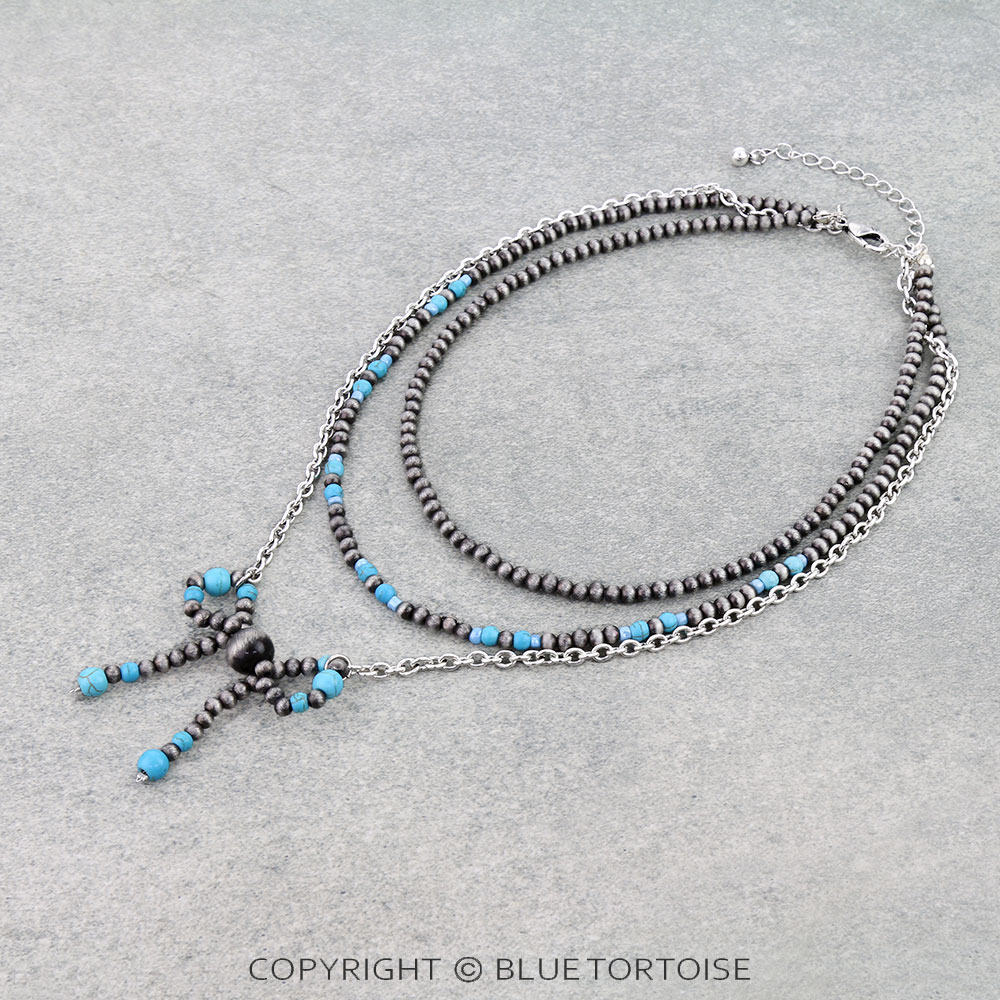 3 Layered Navajo Style Pearl & Bead Bow Chain Necklace
