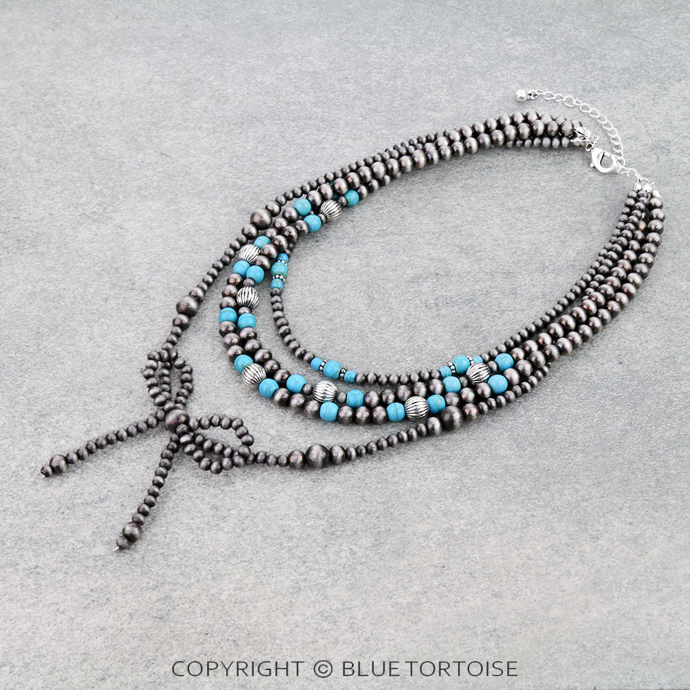 4 Layered Navajo Style Pearl & Bead Bow Necklace