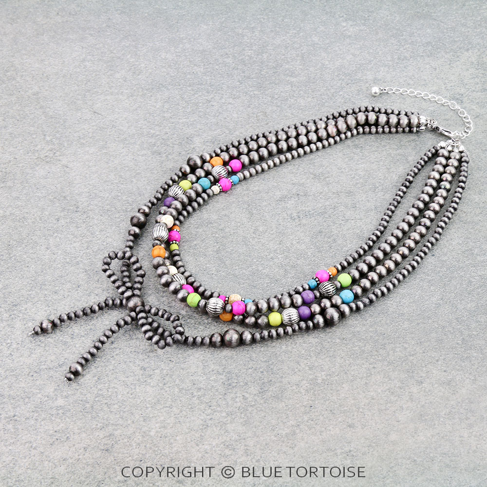 4 Layered Navajo Style Pearl & Bead Bow Necklace