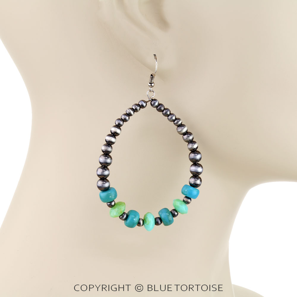 Navajo Style Pearl & Bead Teardrop Dangle Earrings - Image 2
