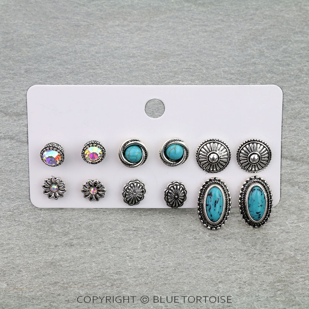 6 Pair Western Design Stud Earring Set