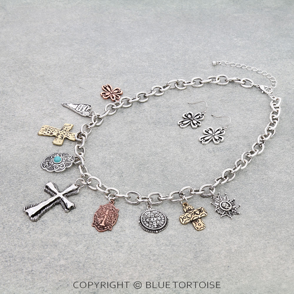 Western Cross Multi Charm Statement Necklace Set