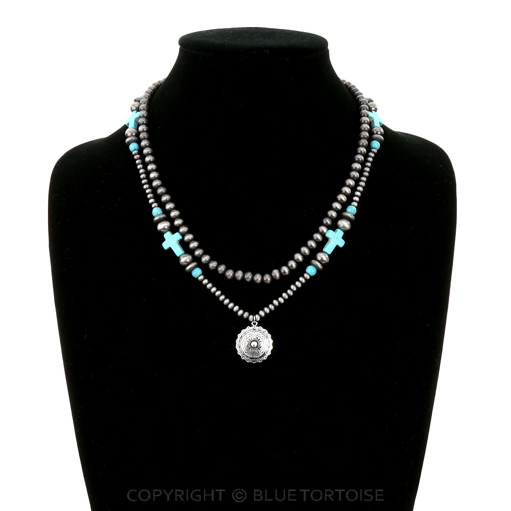 Western Concho Pendant 2 Layered Necklace - Image 2