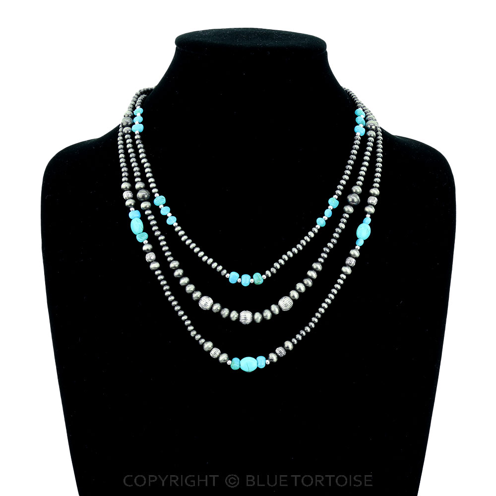 3 Layered Navajo Style Pearl & Bead Necklace - Image 2