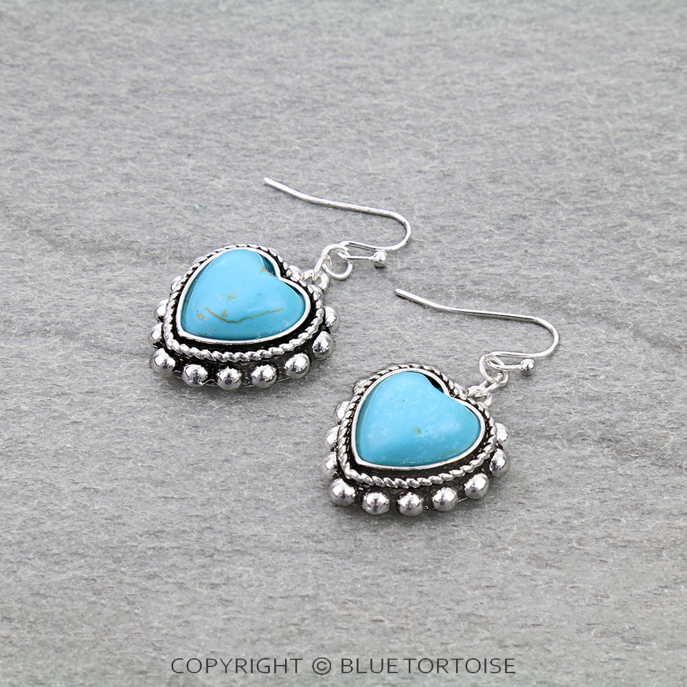 Western Bubble Heart Stone Dangle Earrings