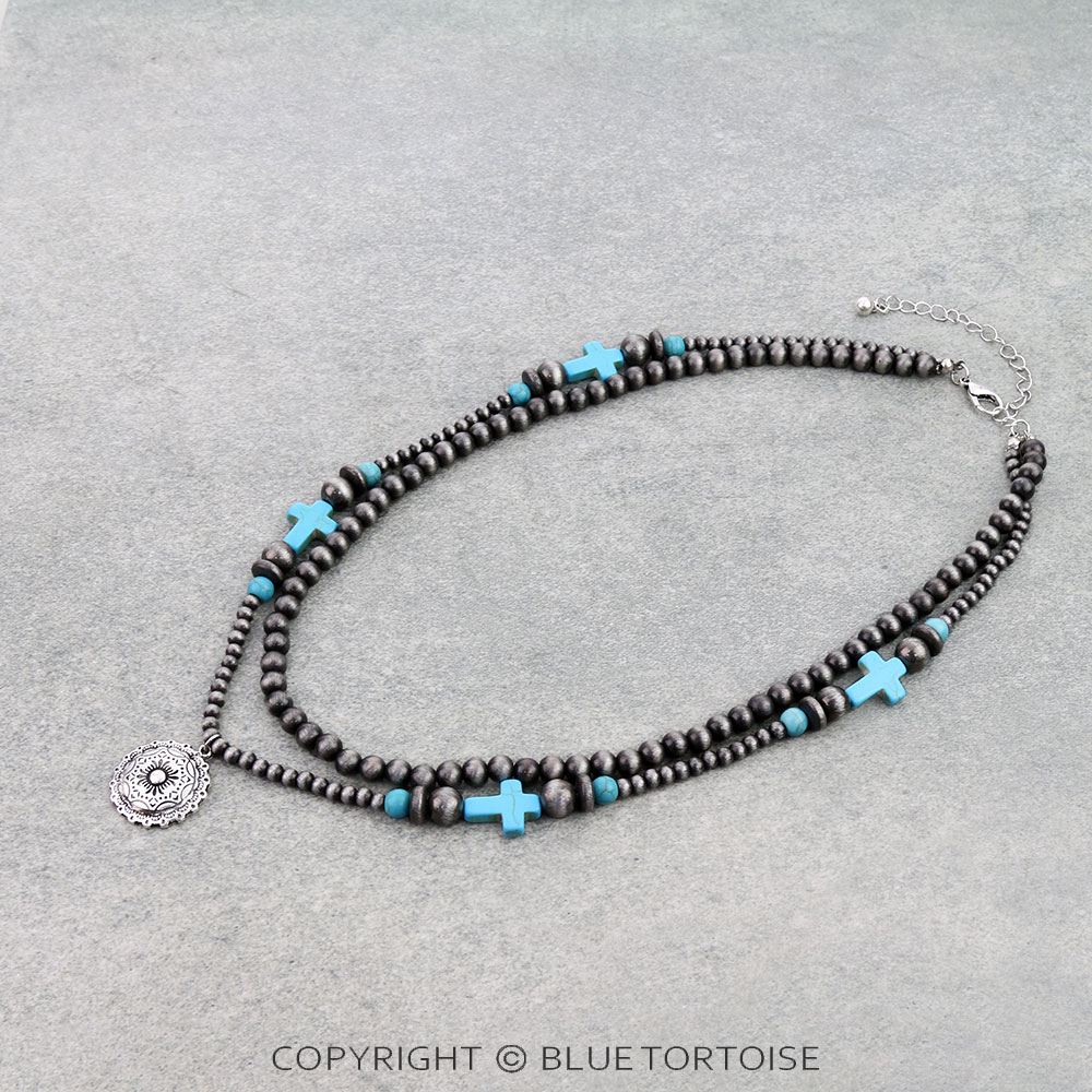 Western Concho Pendant 2 Layered Necklace