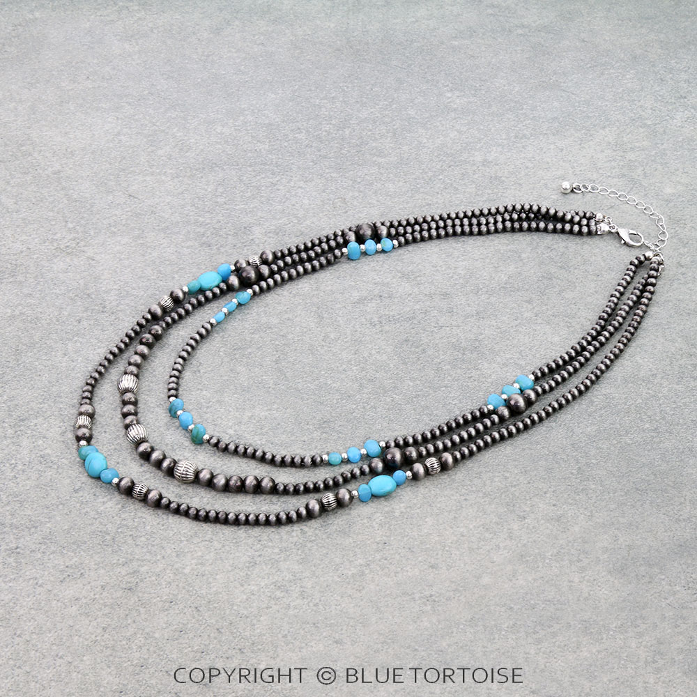 3 Layered Navajo Style Pearl & Bead Necklace