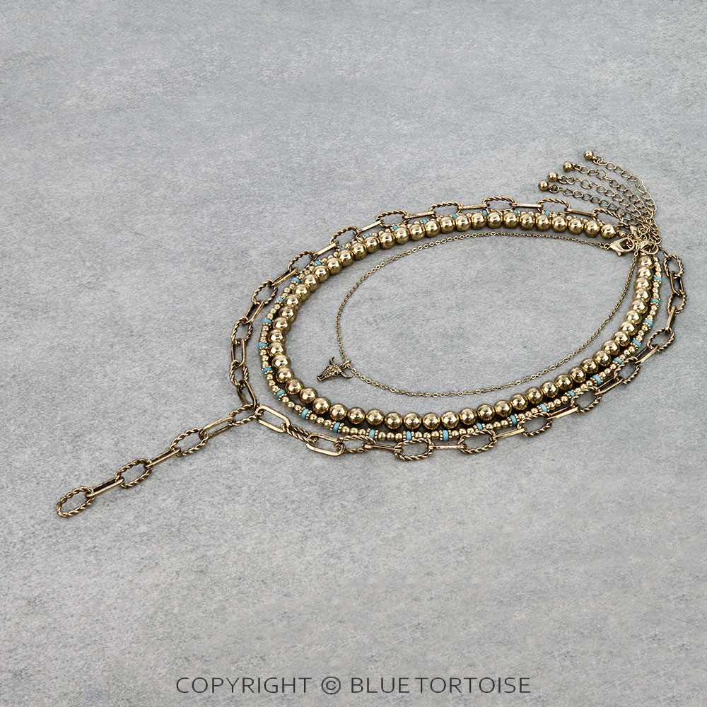 Multi Layered Western Bead & Chain Necklace - Steer Skull
