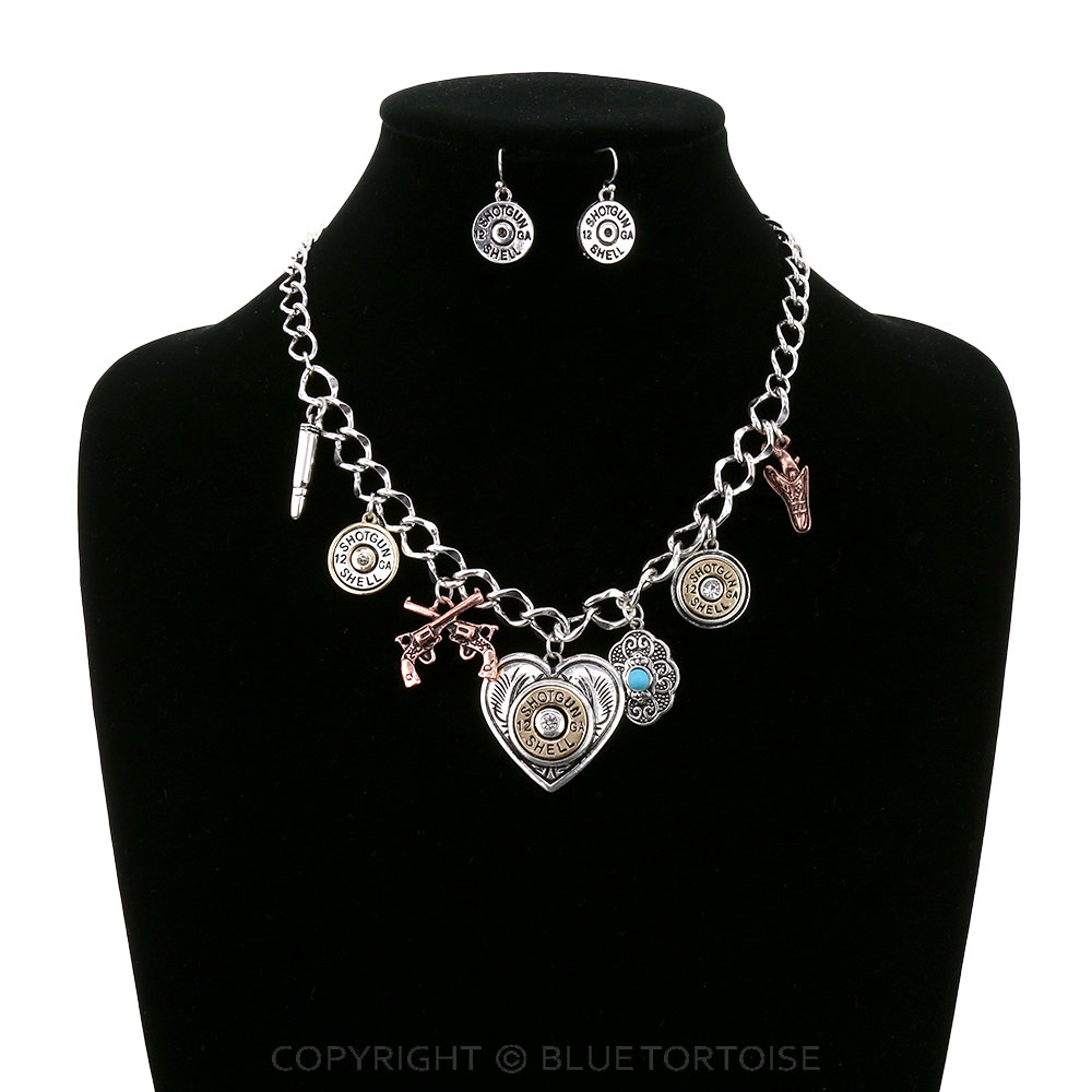 Western Shotgun Shell Multi Charm Statement Necklace Set - Image 2