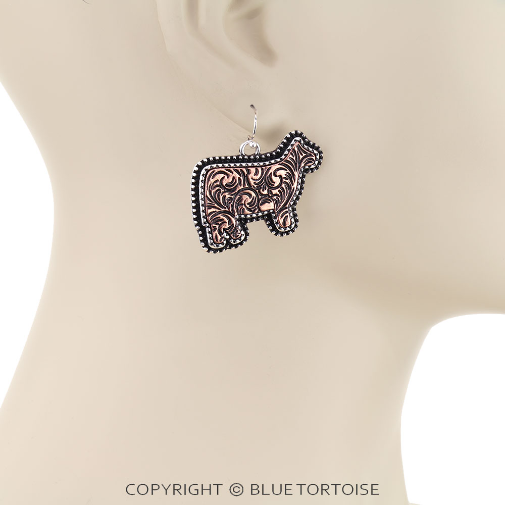 Western Etched Cow Dangle Earrings - Image 2
