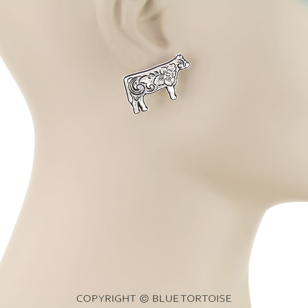 Western Etched Cow Stud Earrings - Image 2