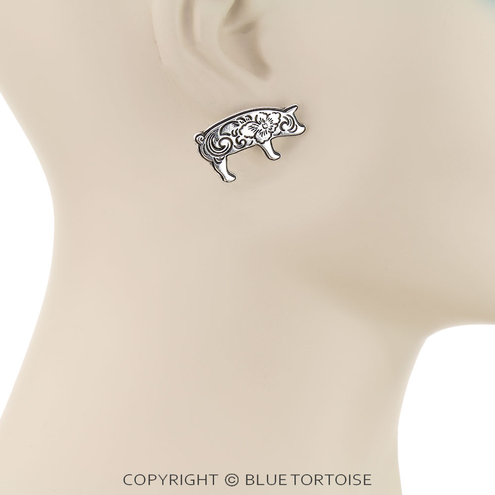 Western Etched Pig Stud Earrings - Image 2