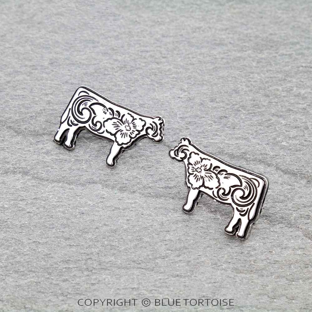 Western Etched Cow Stud Earrings