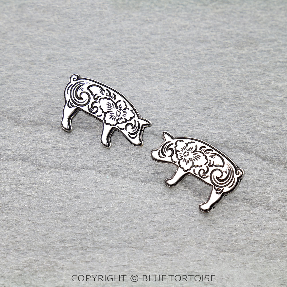 Western Etched Pig Stud Earrings