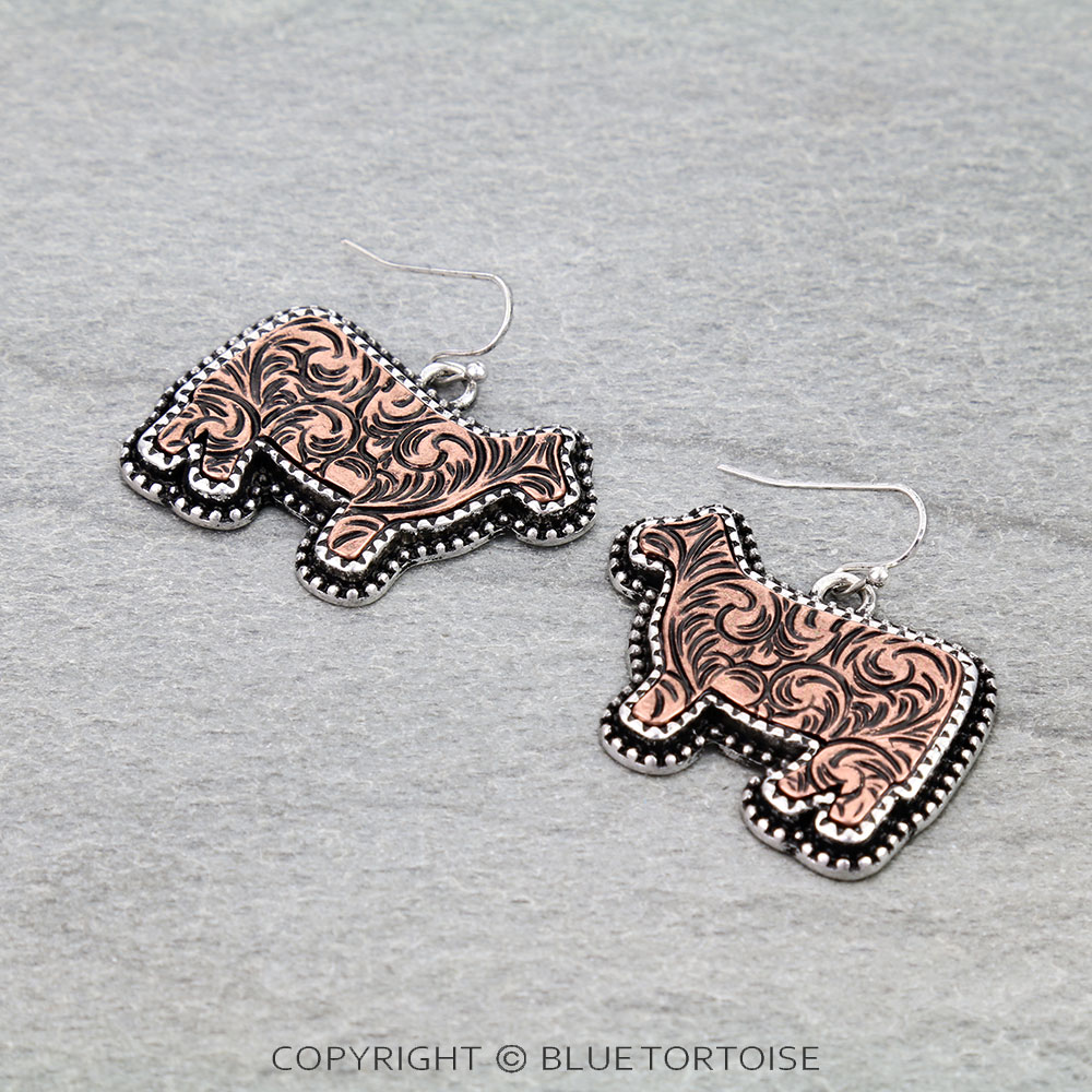 Western Etched Cow Dangle Earrings