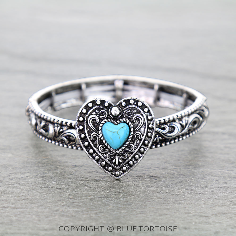 Western Filigree Heart w/ Semi Stone Stretch Bracelet