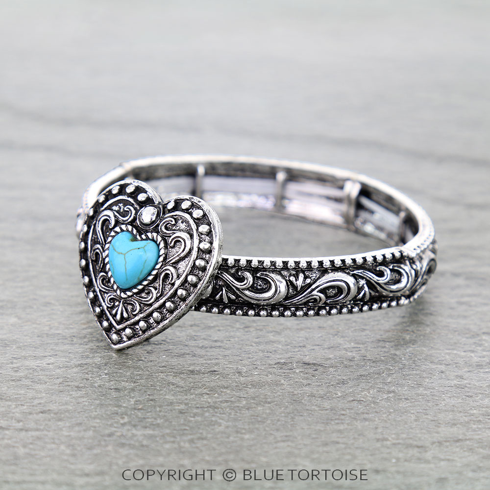 Western Filigree Heart w/ Semi Stone Stretch Bracelet - Image 2