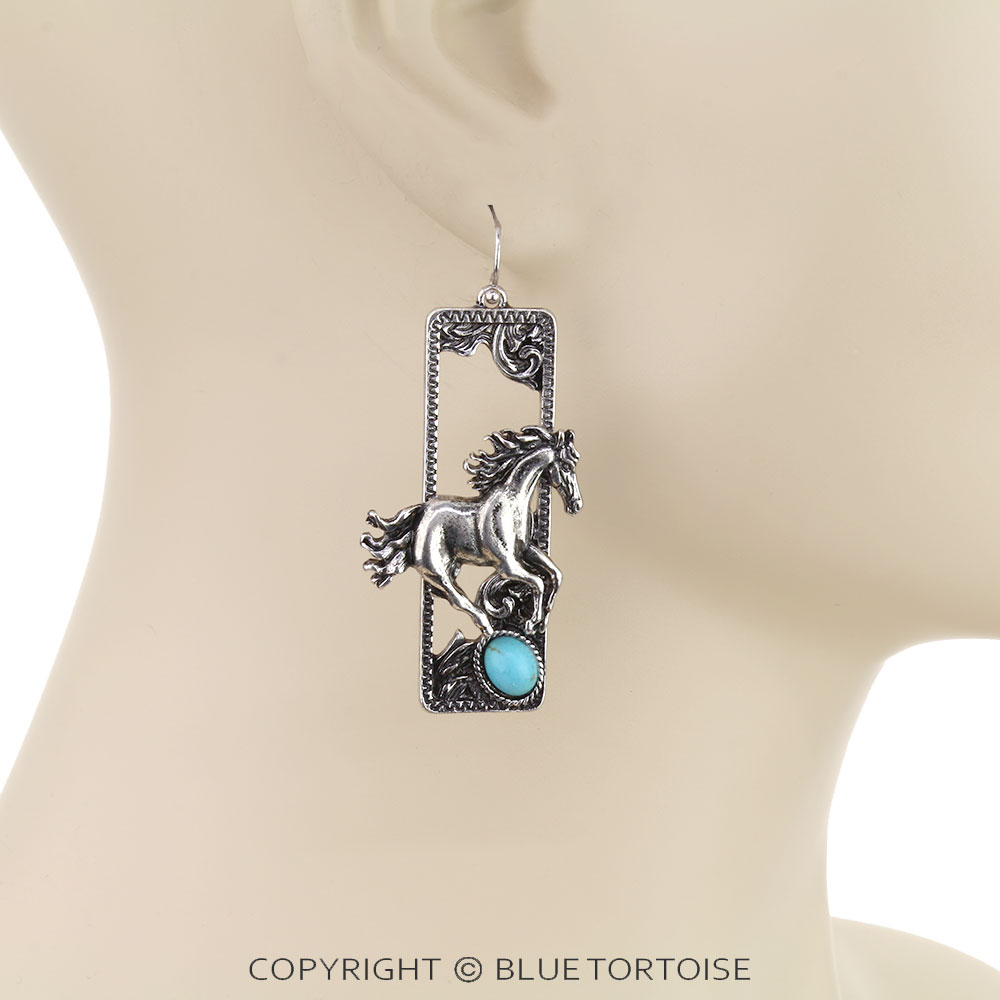 Western Horse Rectangle Dangle Earrings - Image 2