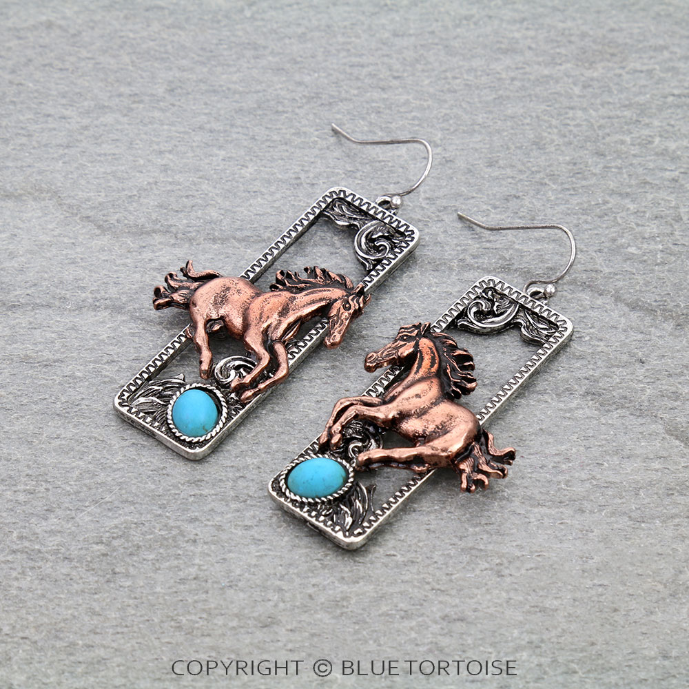 Western Horse Rectangle Dangle Earrings