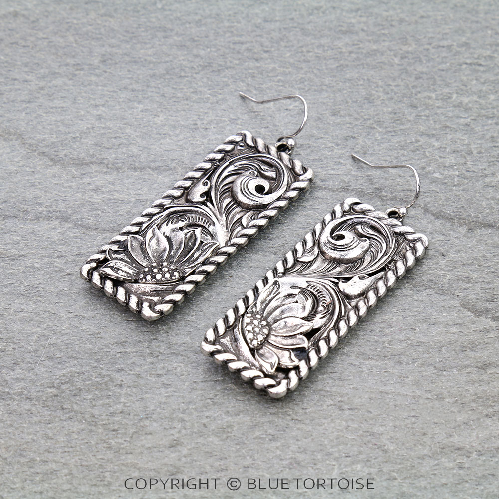 Western Rope TXR Sunflower Rectangle Dangle Earrings