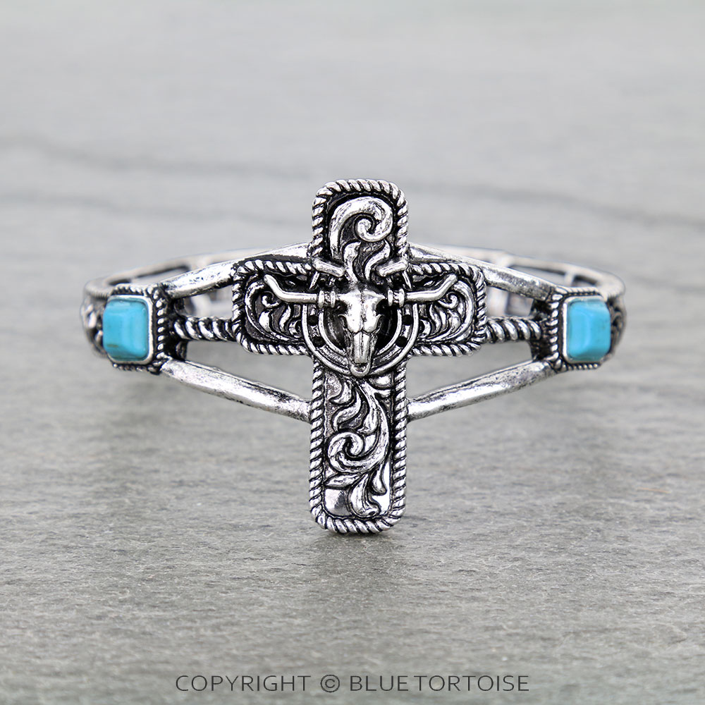Western Filigree Cross Steer Skull Stretch Bracelet