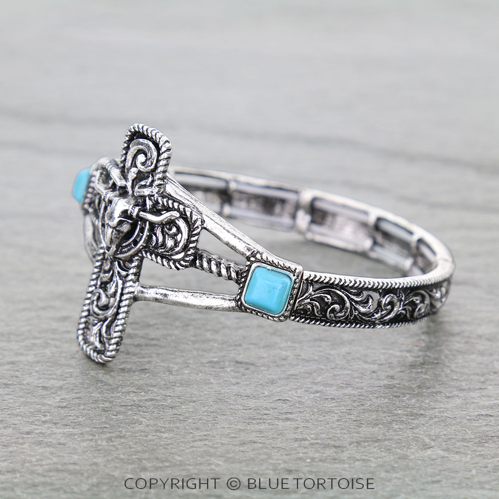 Western Filigree Cross Steer Skull Stretch Bracelet - Image 2