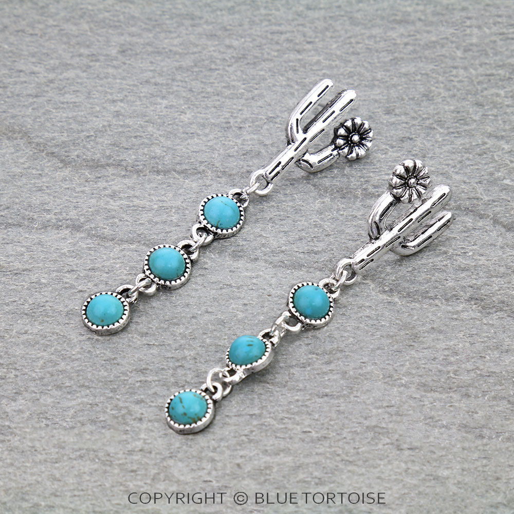 Western Cactus Stone Drop Stud Earrings