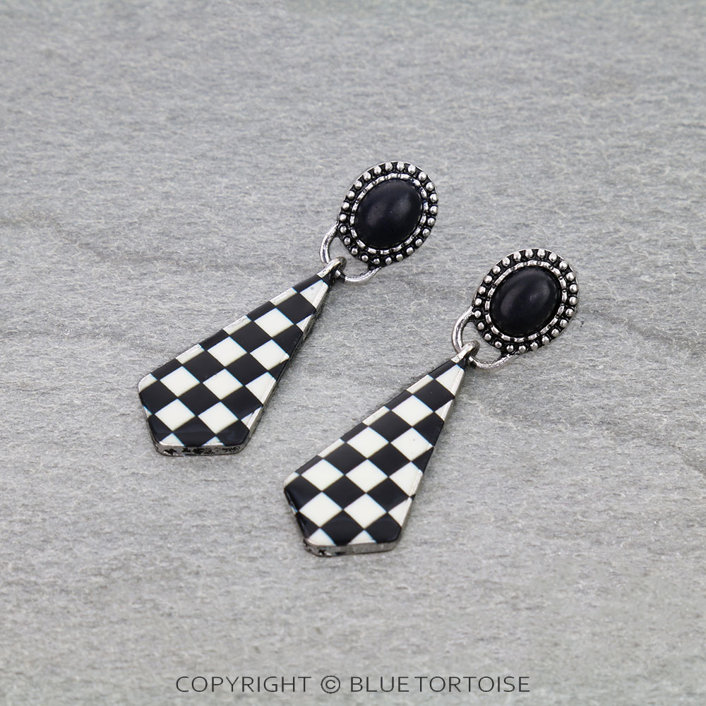 Checkered Pattern Stone Stud Earrings