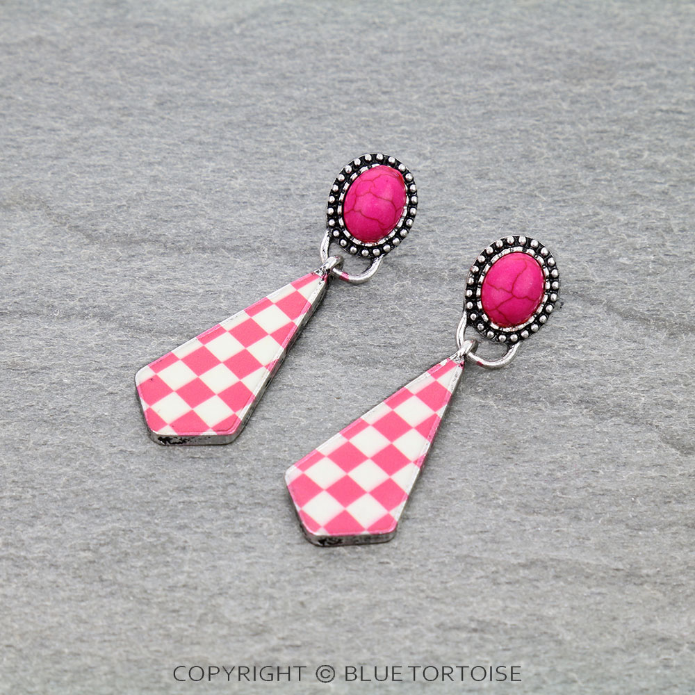 Checkered Pattern Stone Stud Earrings