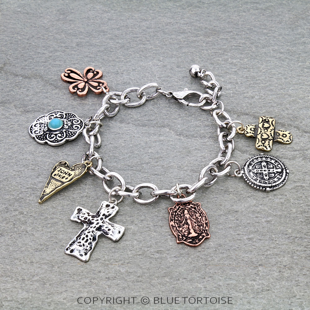 Western Cross Multi Charm Link Bracelet