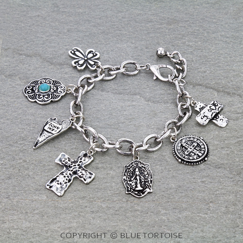 Western Cross Multi Charm Link Bracelet