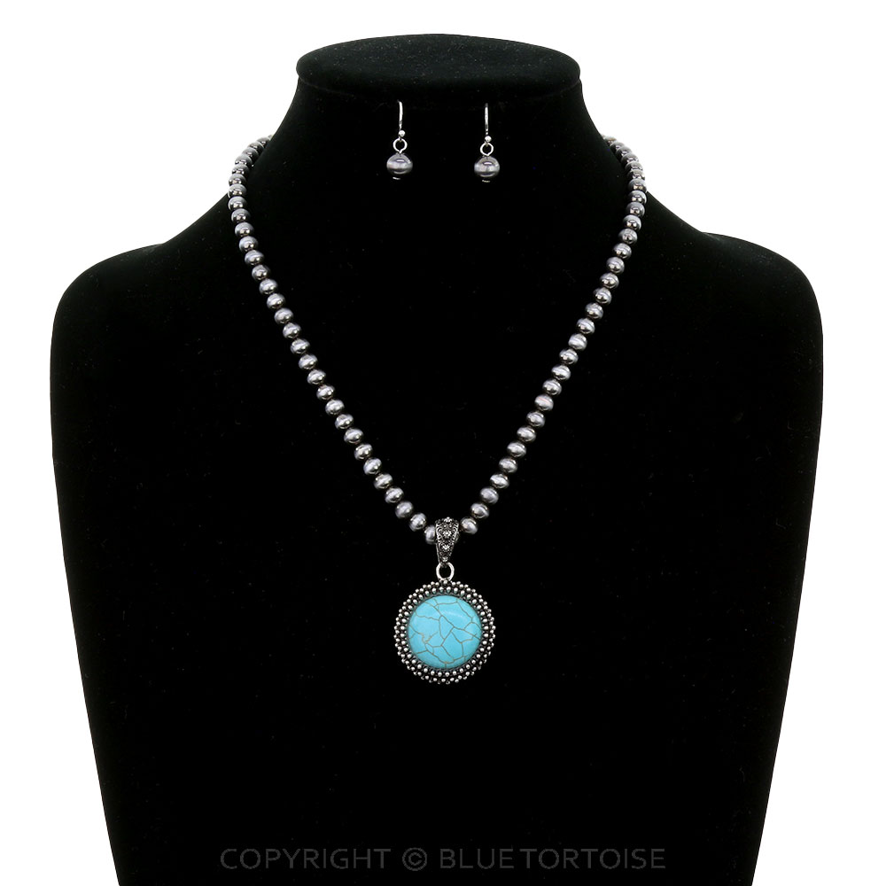 Western Round Stone Pendant Necklace Set - Image 2