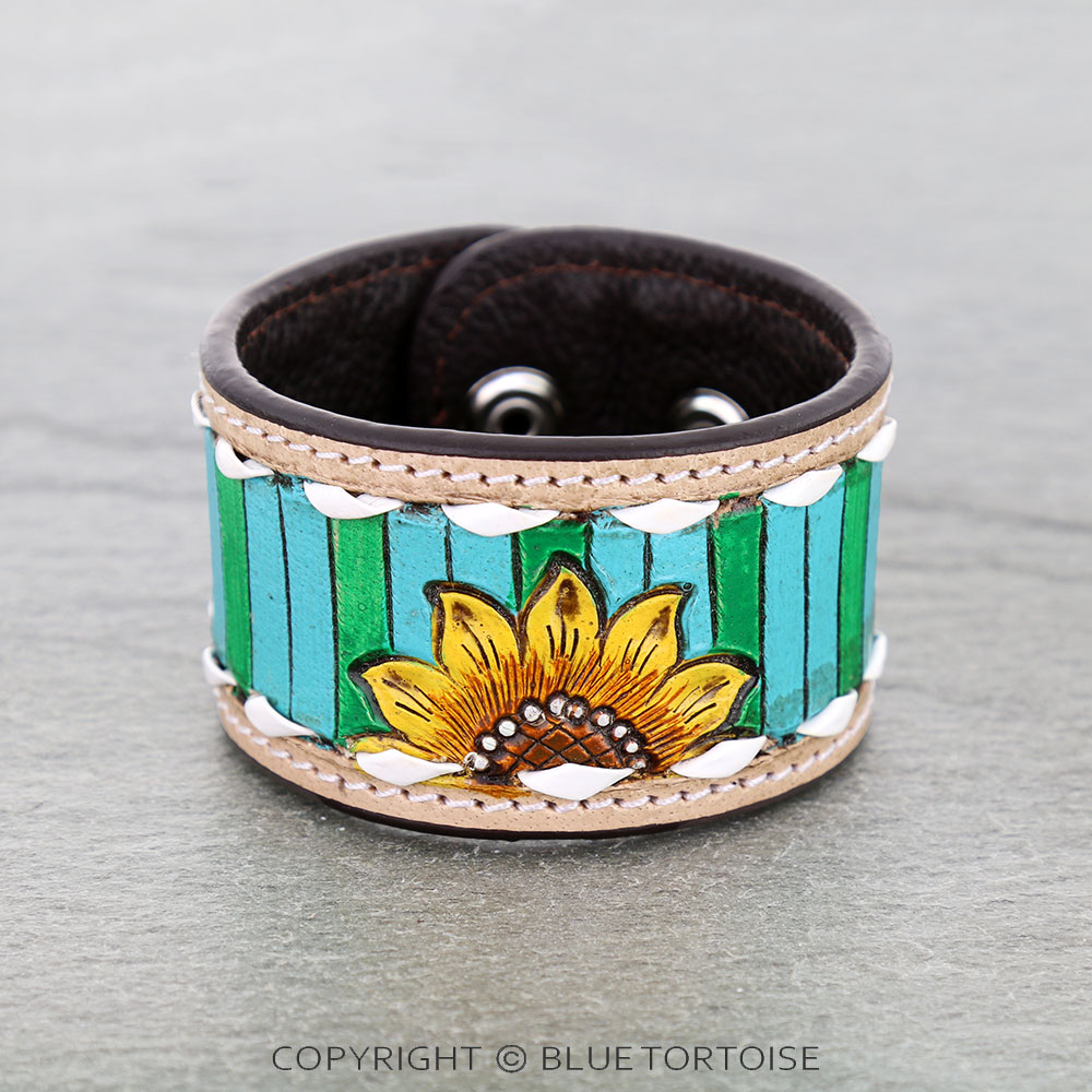 Western Genuine Tooled Leather Bracelet - Sunflower