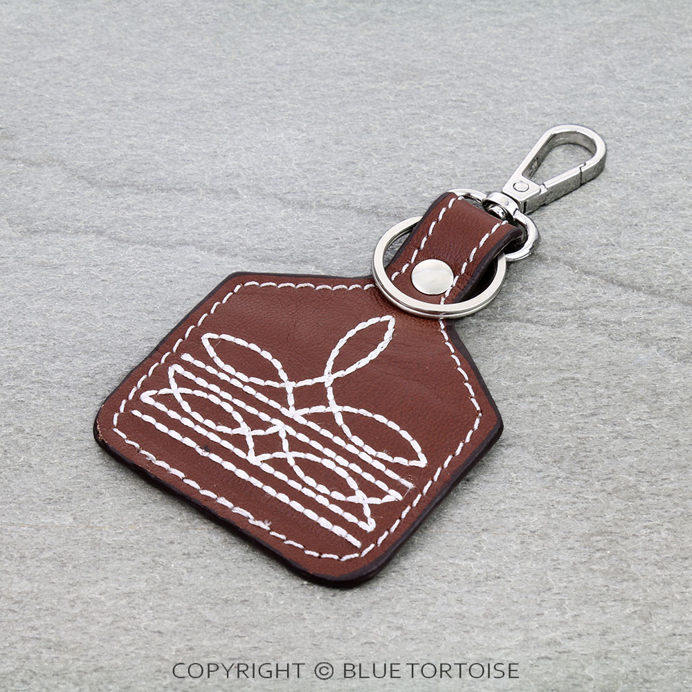 Western Boot Stitch Leather Ear Tag Keychain