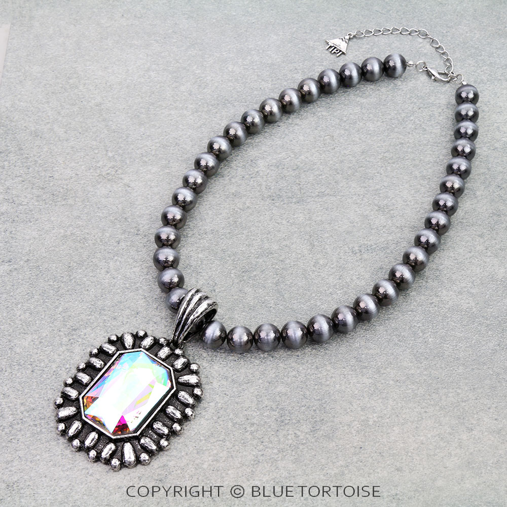 Western Rectangle Concho Stone Pendant Necklace