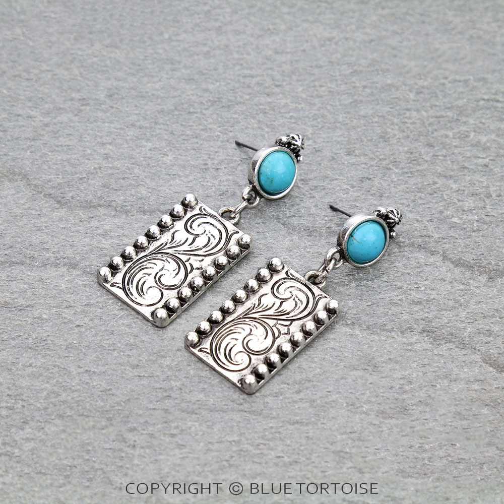 Western Rectangle Engraved Stud Earrings