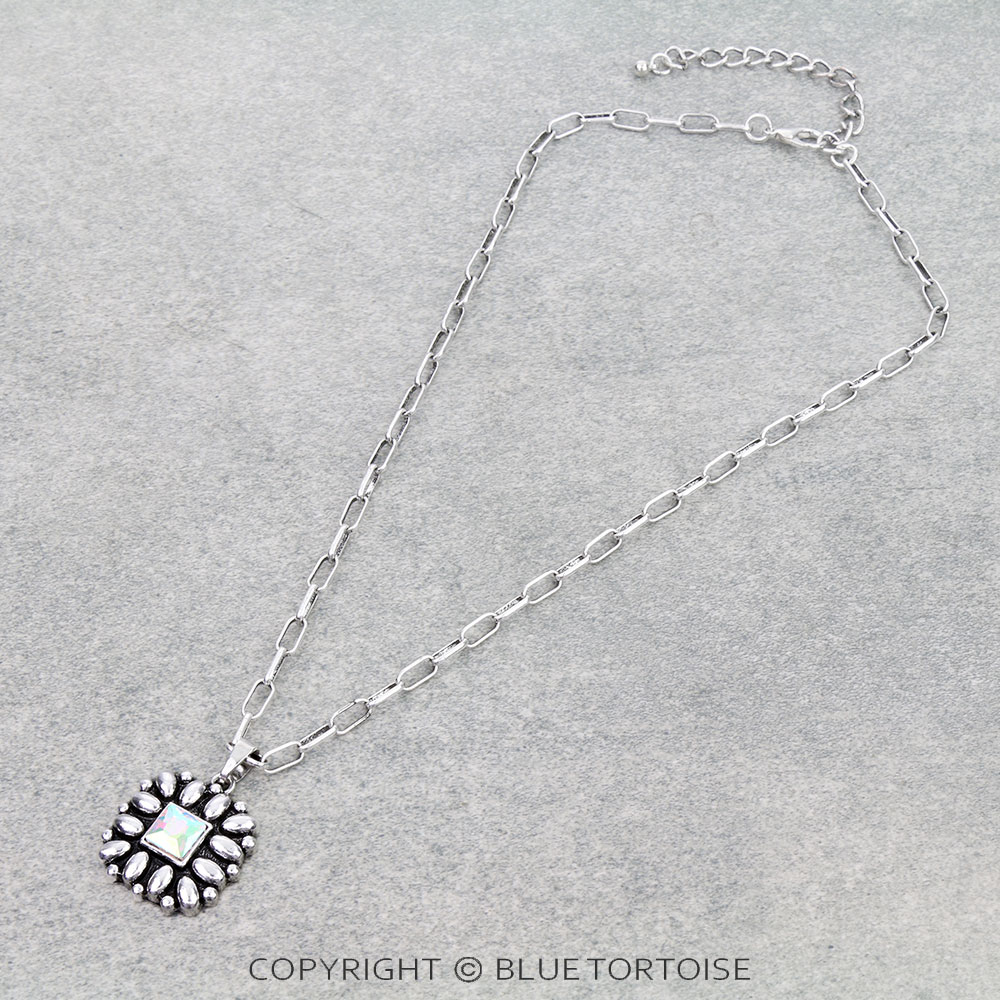 Western Square Flower Concho Necklace