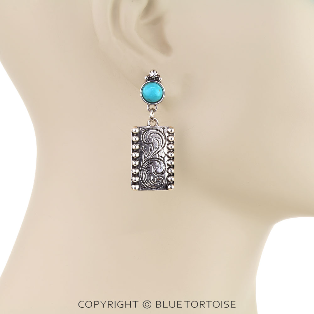 Western Rectangle Engraved Stud Earrings - Image 2