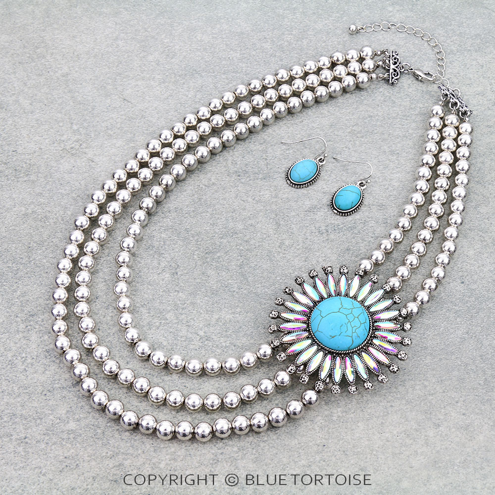 3 Layered Western Flower Stone Necklace Set