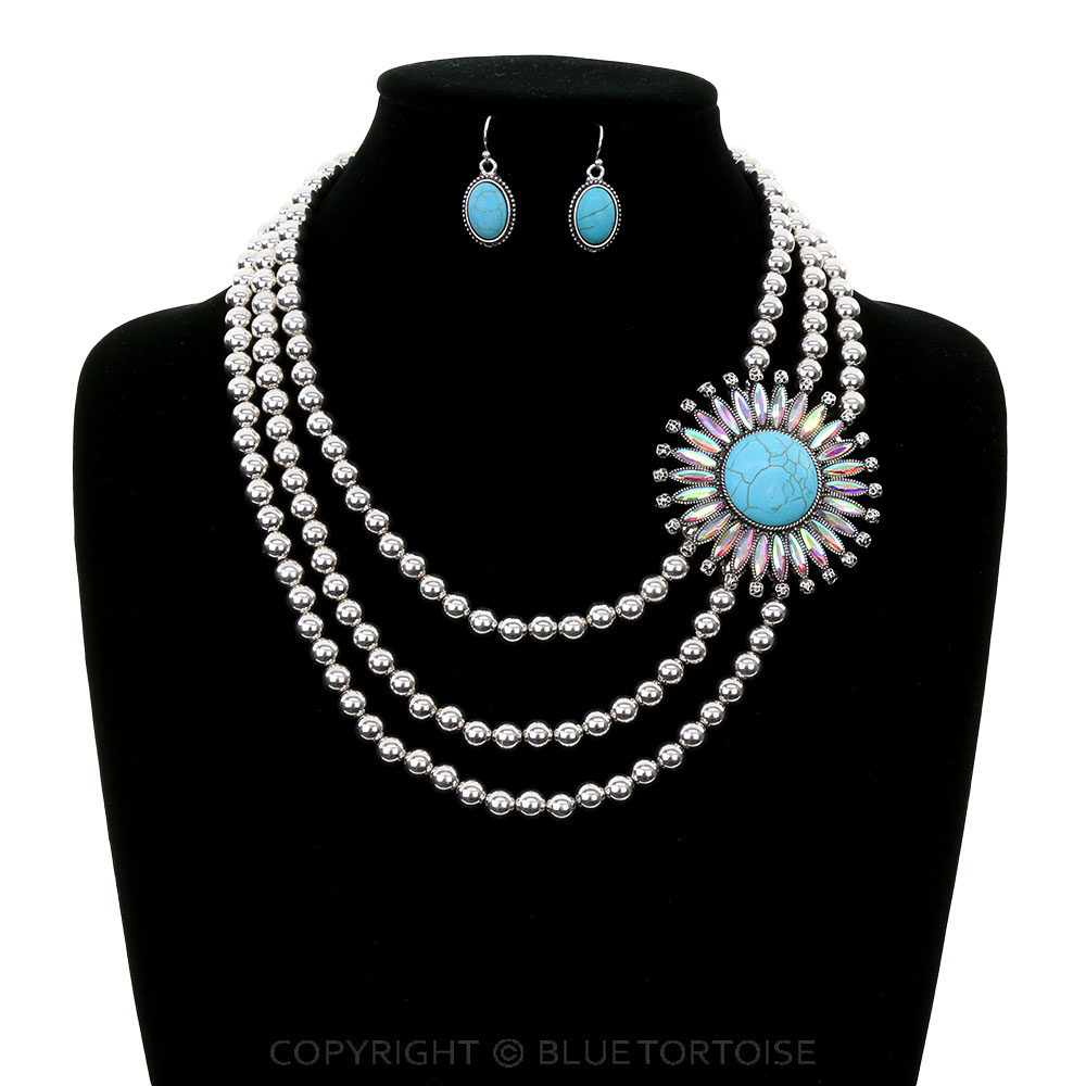 3 Layered Western Flower Stone Necklace Set - Image 2
